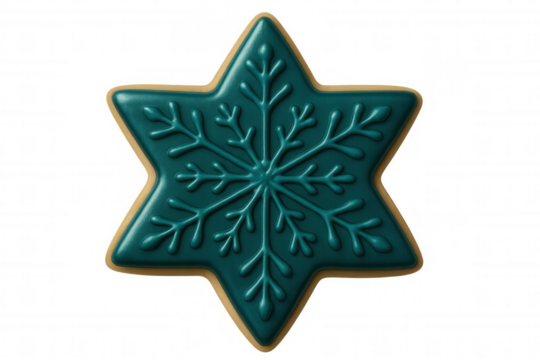 Christmas star shaped cookie with turquoise icing and snowflake decoration isolated on transparent background, perfect for festive projects