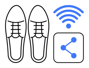 Pair of outlined shoes with wireless and share icons signifying smart technology. Ideal for wearables, IoT, tech innovation, fitness trends, modern lifestyle, connectivity, simple landing page