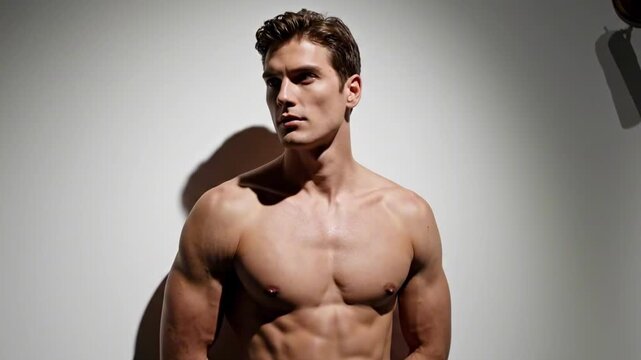 hot guys shirtless - A muscular man poses confidently against a minimalist background, showcasing his physique while soft shadows create depth, ideal for fitness and lifestyle themes