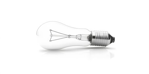 Clear Glass Light Bulb on White Background, 3D Render of Incandescent Lamp