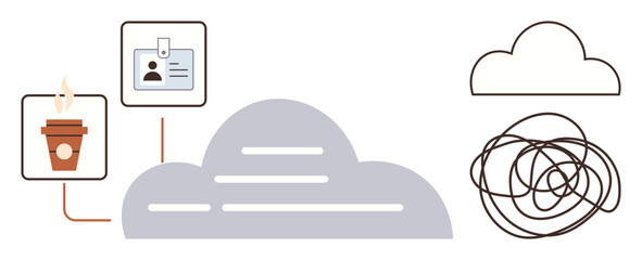 Coffee cup, ID card, abstract cloud, and network lines suggesting teamwork, remote work, data sharing, and connectivity. Ideal for technology, workflow identity communication collaboration