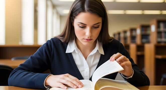 A young woman with long brown hair is intently reading a large open book in a library setting. - Powered by Adobe