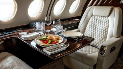 Luxurious in-flight dining setup with elegant tableware and gourmet meal on private jet
