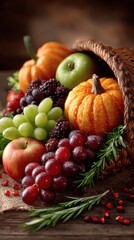 Cornucopia overflowing with seasonal fruits and vegetables, bathed in soft golden sunlight against a wooden table.