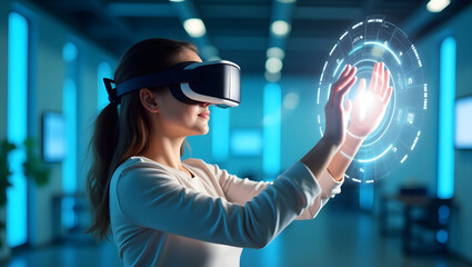 Woman wearing virtual reality headset interacting with futuristic digital interface, exploring immersive technology, augmented reality, innovation, and holographic user experience.