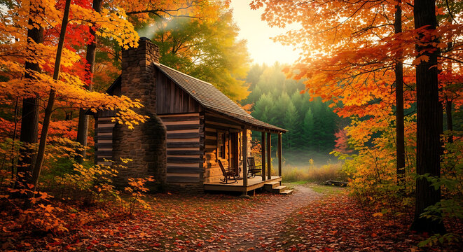 Cozy Log Cabin in Golden Autumn Forest with Sunlight. Rustic Fall Landscape, Tranquil Nature Scene with Smoke