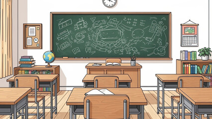 - Classroom illustration, cartoon style, warm colors, learning