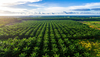 Vast plantation of lush green palm trees stretches across landscape under bright blue sky with scattered clouds, creating vibrant and fertile agricultural scene filled with natural sunlight