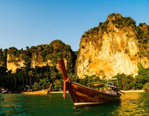 Tropical beach scene with longtail boats