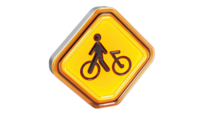 3D rendered yellow diamond sign with pedestrian and bicycle icon