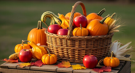 Vibrant Autumn Harvest Basket: Pumpkins, Gourds, Apples & Fall Leaves on Wood