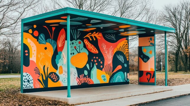 Colorful mural adorns a teal bus shelter, featuring abstract botanical designs