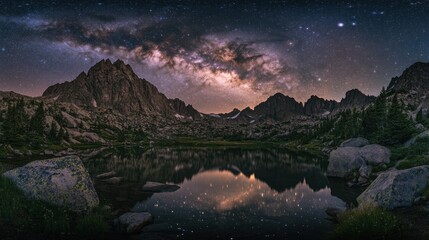 Mountain lake reflecting a night sky full of stars and the Milky Way