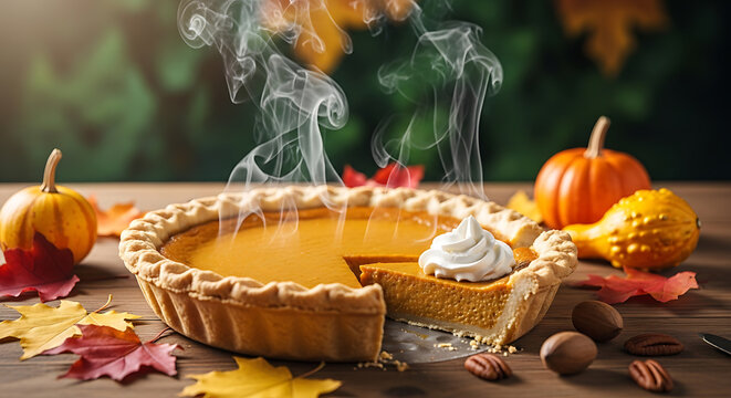 Steaming Pumpkin Pie Slice with Whipped Cream, Autumn Leaves & Pumpkins on Rustic Wood Table - Powered by Adobe