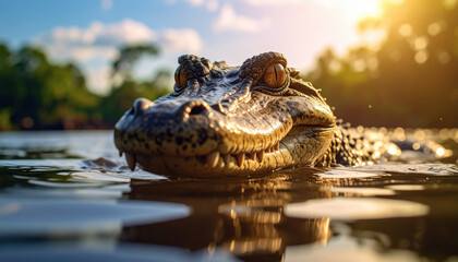 Obraz premium Close up of crocodile floating water during sunset, with blurred background of trees and sky, creating serene and natural scene. warm sunlight highlights textured skin of crocodile, emphasizing