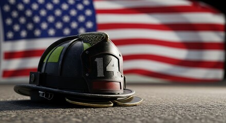 Firefighter helmet with american flag in the background on ground