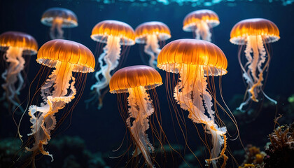 Image features group of glowing jellyfish floating underwater, creating mesmerizing and ethereal scene with their bioluminescent bodies illuminating dark ocean