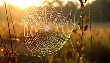 Close up of spider web covered in dew drops, illuminated by warm sunlight during sunrise or sunset, with blurred natural background and plants