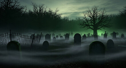 Dark, Foggy Graveyard at Night with Eerie Green Glow and Bare Trees