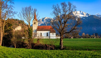 Alpine church nestled in a valley (1)