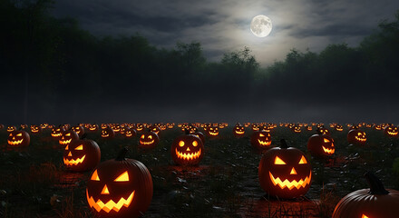 Eerie Halloween night scene with a field of glowing jack-o'-lanterns and full moon