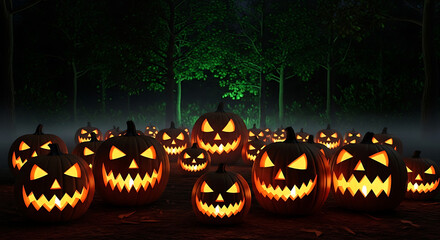 Numerous Glowing Jack-o'-Lanterns in a Dark, Foggy Forest for Halloween Night