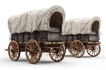 Two Conestoga Wagons, Canvas Tops and Wooden Wheels, Antique Carts on White Background