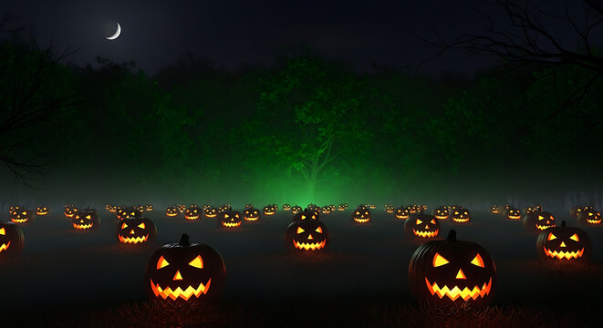 Spooky Halloween Night: Glowing Jack-o'-lanterns in a Foggy Forest with Crescent Moon and Eerie Green Light