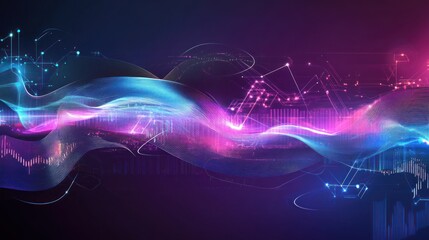 Abstract digital wave pattern with vibrant colors and circuit elements