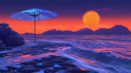 Sunset beach, futuristic umbrella