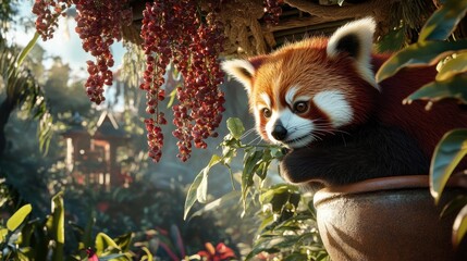Red panda in a lush garden setting