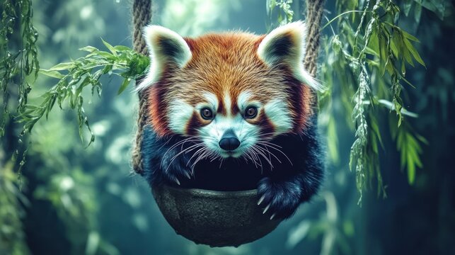 Red panda in a hanging basket, surrounded by foliage - Powered by Adobe