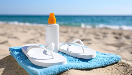 Sunscreen and flip-flops on beach towel