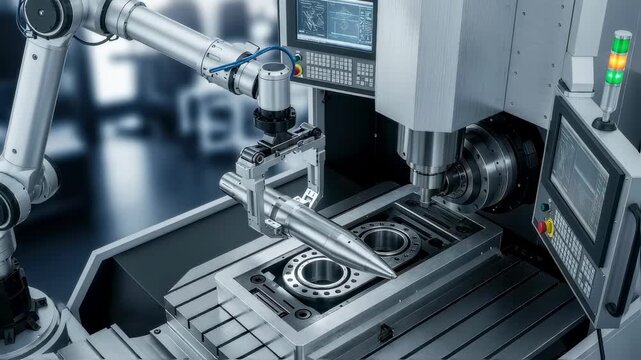 Overhead perspective of an automated robotic arm loading a railgun sabot blank into a computercontrolled machining station.