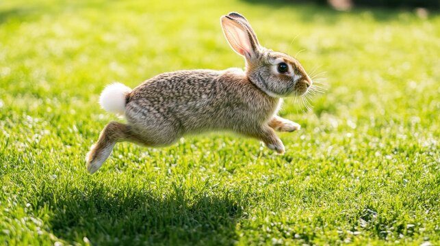A brown rabbit leaps through a vibrant green lawn. Sunlight highlights the fluffy creature - Powered by Adobe