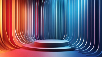 Abstract, vibrant, colorful stage with smooth, curved walls and a round podium