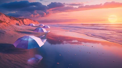 Tableau sur plexiglas Réflexion Beach umbrellas reflected in a calm, golden sunset  © Syifa