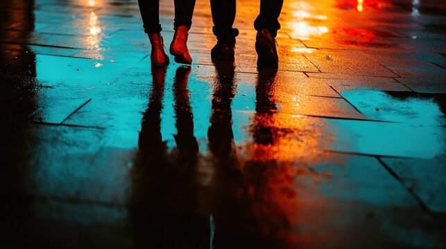 Barefoot people walking on a wet city street at night, reflected in puddles.  Colorful city lights illuminate the wet pavement