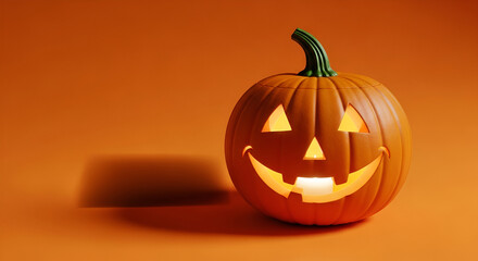 Bright Orange Jack O Lantern Pumpkin with Illuminated Face on Orange Background