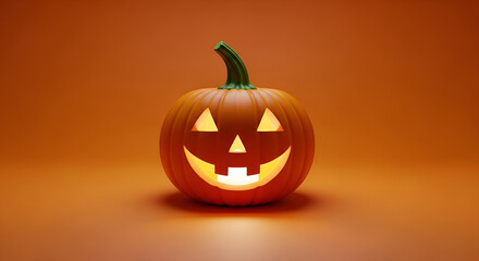 Pumpkin with Carved Face Glowing in Warm Orange Background for Halloween Celebration