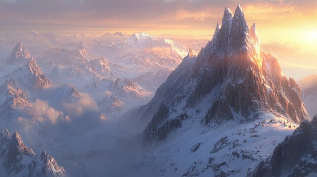 Panoramic view of a majestic snow-capped mountain range at sunrise.  A peak glows with golden light, while mist lingers in the valleys below.  Vast, pristine landscapes