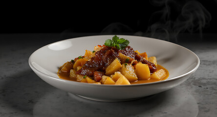 Steaming Hot Braised Meat and Potato Stew with Fresh Herbs. Gourmet Comfort Food Served on a White Plate Against Dark Background.