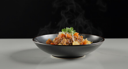 Steaming Savory Minced Meat and Vegetable Dish in Black Bowl. Hot Gourmet Comfort Food Meal.