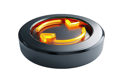 Shiny dark gray button with glowing orange/yellow circular arrow - Powered by Adobe