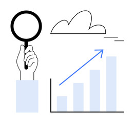 Hand holding magnifying glass, cloud above, and upward bar graph with arrow showing growth. Ideal for analytics, success, research, progress, business strategy innovation forecasting. Simple flat