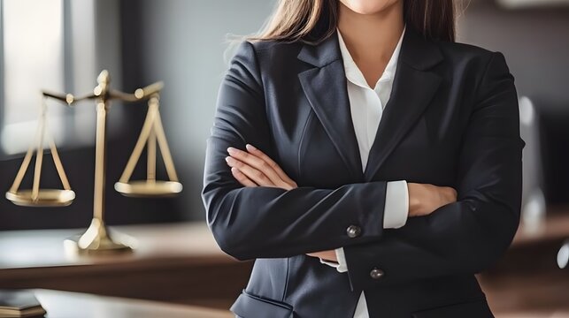Confident Businesswoman Lawyer Arms Crossed Justice Scales