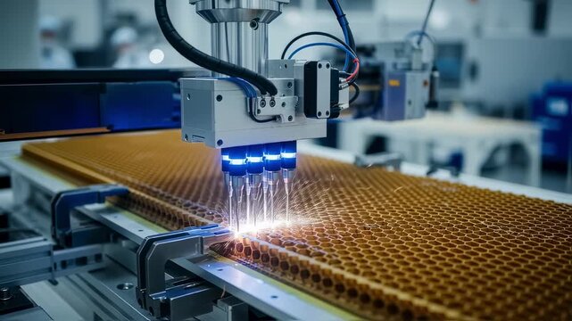 Robotic arm equipped with specialized end effector executing bonding tasks on honeycomb core aerospace materials.