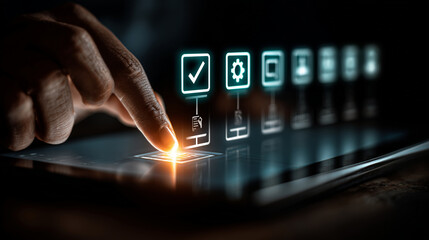 Futuristic Digital Interface with Finger Touching Virtual Icons