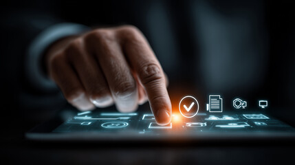 Futuristic Digital Interface with Finger Touching Virtual Icons