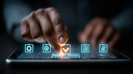 Futuristic Digital Interface with Finger Touching Virtual Icons